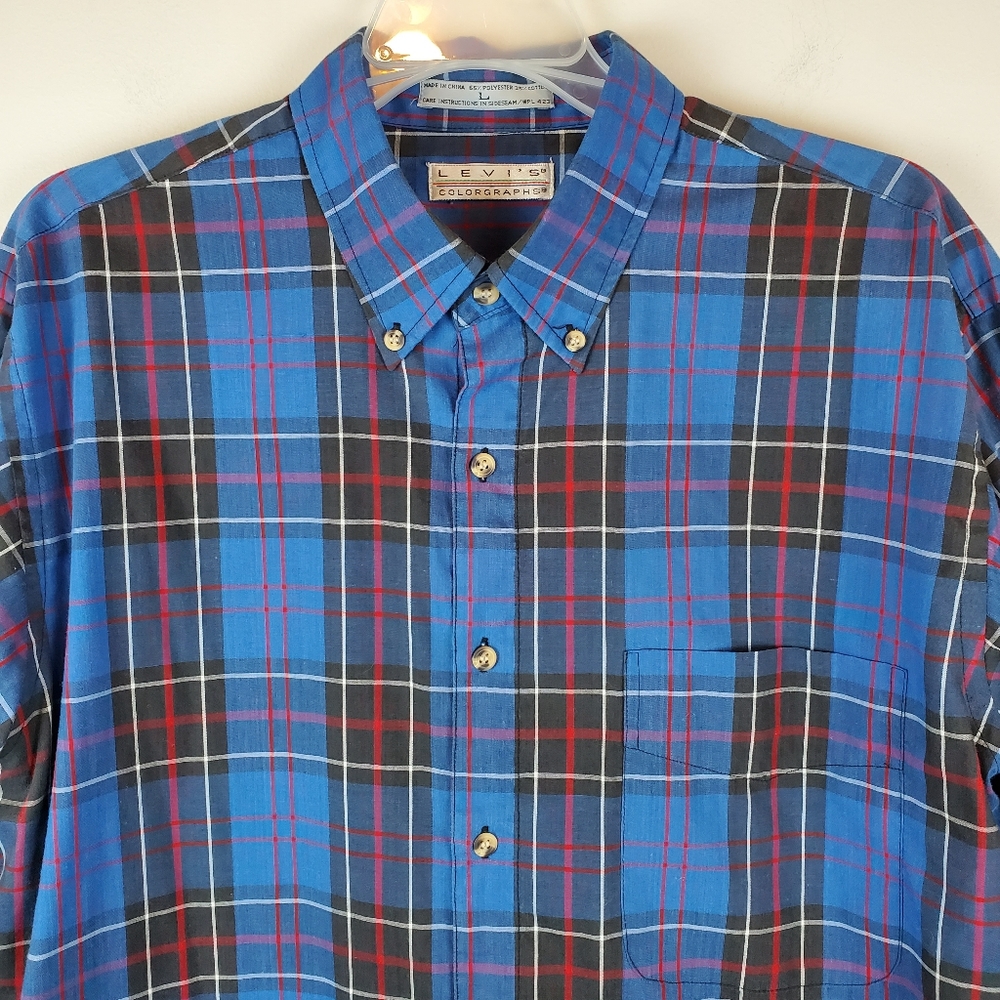 Vintage 80s Levis Colorgraphs Blue Plaid Long Sleeve Button Down Shirt L Mens
